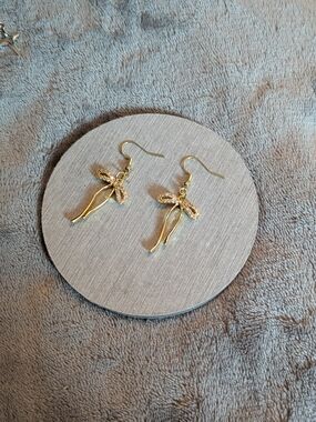 Gold Bow Tie Dangle Drop Earrings Sparkle Diamond